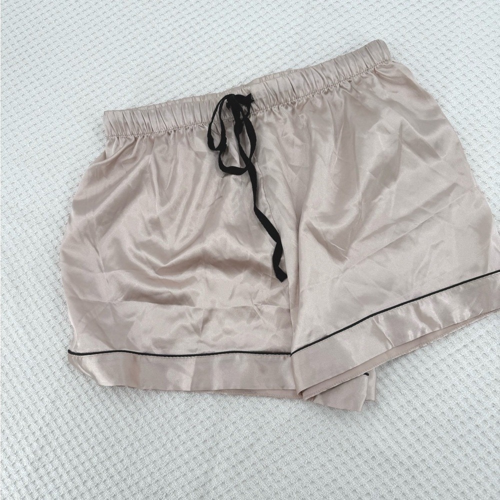 Satin 2-Piece Pajama Short Set Blush Pink Black Piping Sleepwear Womens Medium - Picture 4 of 5